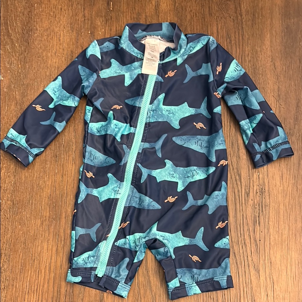 Carter’s 6M Shark Print Baby Swimsuit Zip up with long sleeves.
